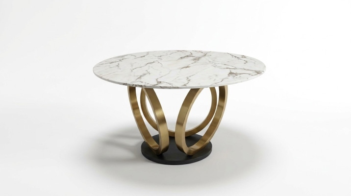 Elegante tavolo da pranzo rotondo bianco con base in acciaio inox, design piano in marmo.