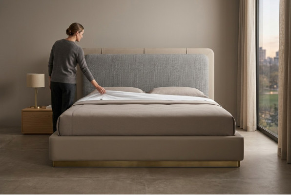 Camera da letto Beige Letto in legno Design moderno 180x200 Letti di design Mobili