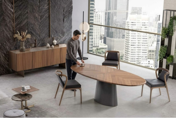 Set da pranzo di lusso con tavolo da pranzo dal design moderno, 6 sedie e 2 tavolini.