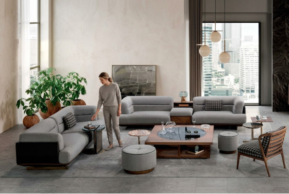 Set soggiorno di lusso Grigio divano con poltrona 2 sgabelli design moderno