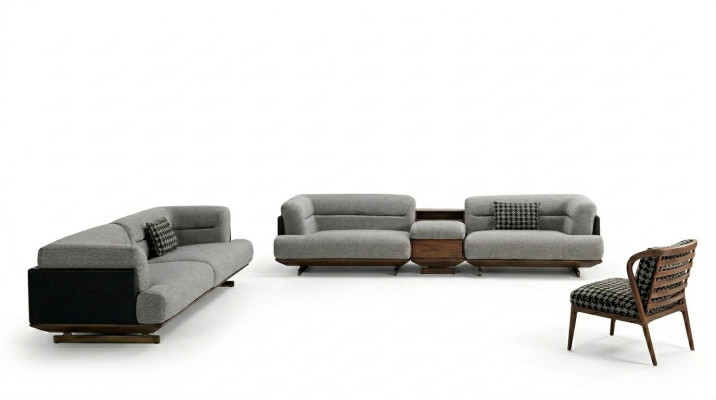 Set soggiorno di lusso Grigio divano con poltrona 2 sgabelli design moderno