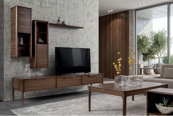 Set soggiorno parete attrezzata con ripiano e supporto TV dal design moderno.