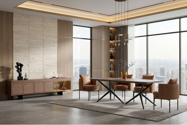Set da sala da pranzo moderno con tavolo, 4 sedie e credenza, set da designer di lusso.