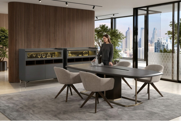 Set da pranzo di lusso in legno moderno con tavolo da pranzo e 4 sedie, completo di credenza.