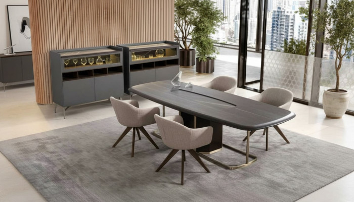 Set da pranzo di lusso in legno moderno con tavolo da pranzo e 4 sedie, completo di credenza.