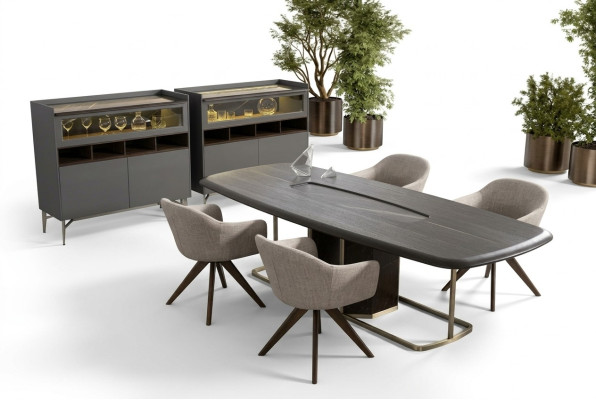 Set da pranzo di lusso in legno moderno con tavolo da pranzo e 4 sedie, completo di credenza.