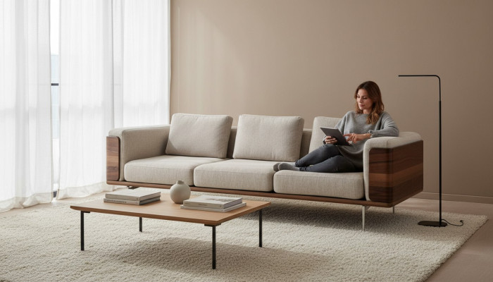 Sofà per soggiorno di lusso dal design moderno con braccioli design a tre posti.