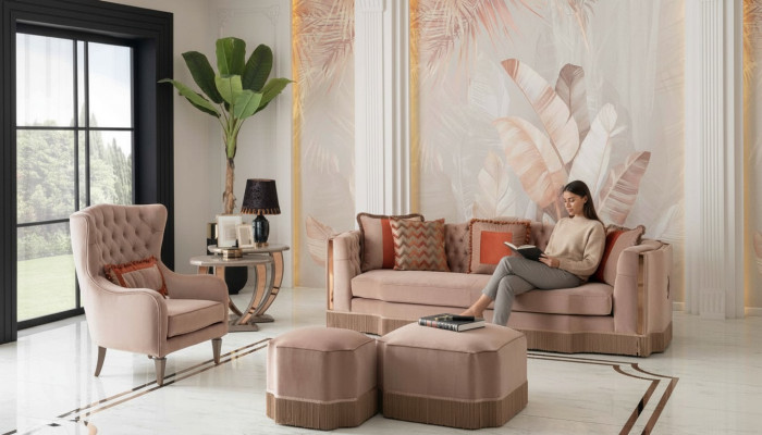 Soggiorno di lusso, elegante divano 4 posti poltrona con 2 pouf, mobili eleganti.