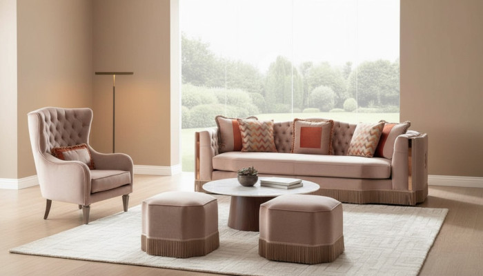 Soggiorno di lusso, elegante divano 4 posti poltrona con 2 pouf, mobili eleganti.