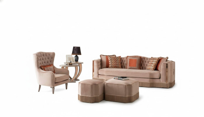 Soggiorno di lusso, elegante divano 4 posti poltrona con 2 pouf, mobili eleganti.