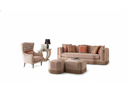 Soggiorno di lusso, elegante divano 4 posti poltrona con 2 pouf, mobili eleganti.
