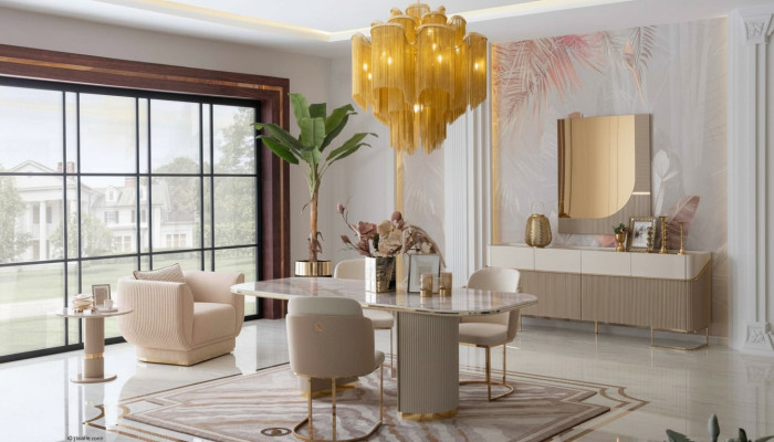 Lussuoso set per sala da pranzo design, tavolo da pranzo 4 sedie credenza specchio mobili