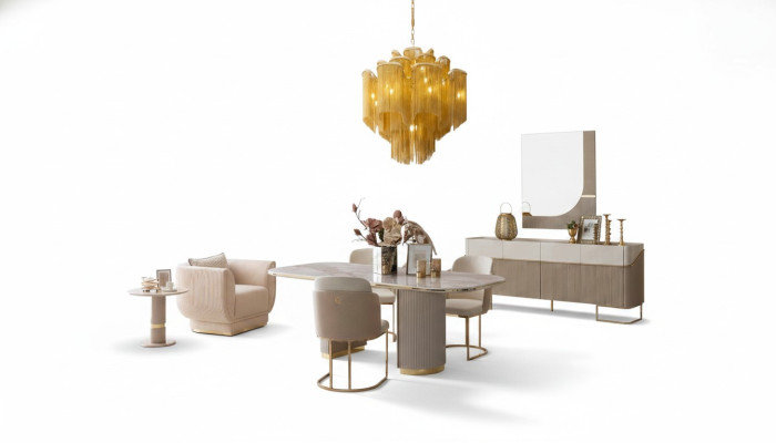 Lussuoso set per sala da pranzo design, tavolo da pranzo 4 sedie credenza specchio mobili