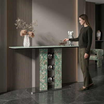 Moderno tavolo consolle di lusso in legno grigio da designer per il salotto, mobili nuovi.