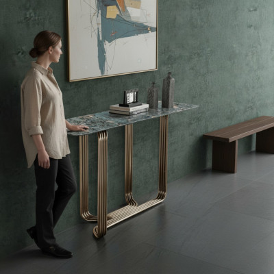 Tavolo console in legno, tavolo console di lusso in design di acciaio inossidabile.