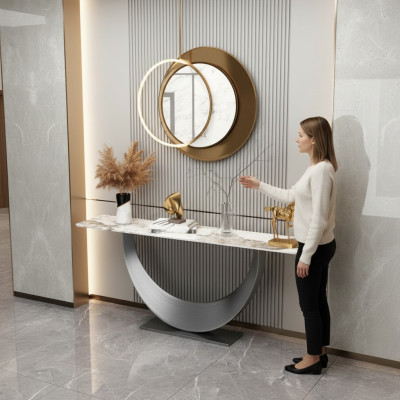Console di design di lusso moderno, tavolo console di design in acciaio inossidabile argento.