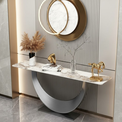 Console di design di lusso moderno, tavolo console di design in acciaio inossidabile argento.