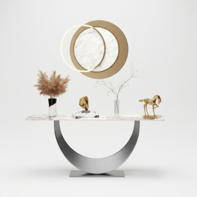 Console di design di lusso moderno, tavolo console di design in acciaio inossidabile argento.