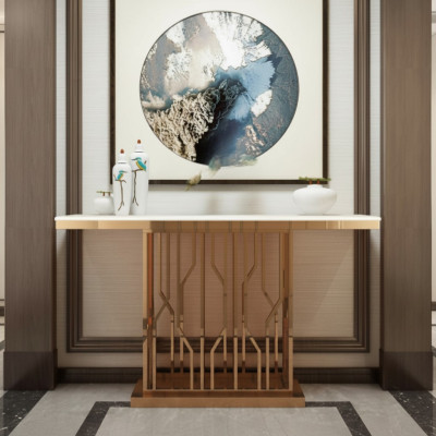 Tavolo consolle di lusso di design in acciaio inossidabile dorato moderno nuovo.