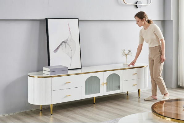 Supporto per televisore ovale rtv, mobile basso per tv, credenza per soggiorno in legno.