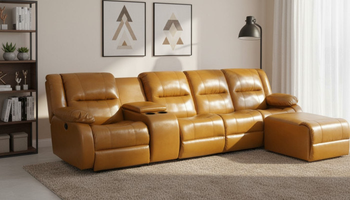 Divano 4 posti Divano Imbottito in Eco-pelle Marrone Pouf Nuovi