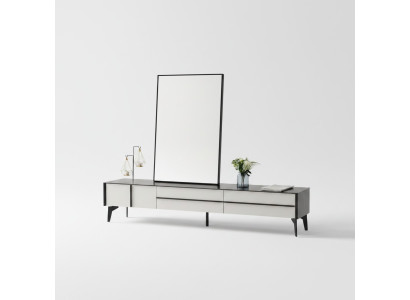 Mobile soggiorno moderno in legno con sideboard, mobile TV e basso rtv.