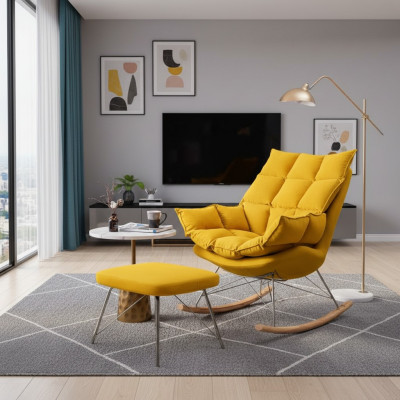 Poltrona con pouf Design lusso Tessuto Set di sedute Soggiorno Giallo