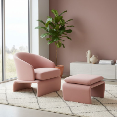 Set di poltrone e pouf Club Lounge in tessuto rosa in stile moderno per il soggiorno.