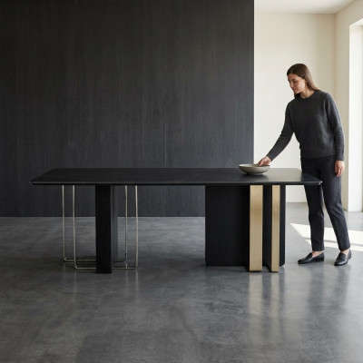 Tavolo da pranzo rettangolare, tavolo da pranzo nero, tavolo in legno, mobili in acciaio inossidabile.