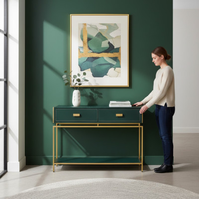 Tavolo console verde, mobile da soggiorno in legno acciaio inox, mobile da credenza di lusso