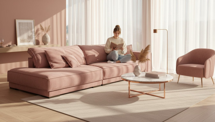 Divano Rosa Big Sofa xxl in tessuto per il soggiorno, divano 3 posti.