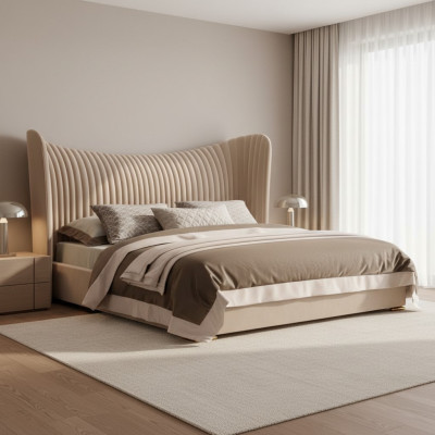 Letto matrimoniale beige in legno design, telai per letto da letto, mobili da camera da letto.