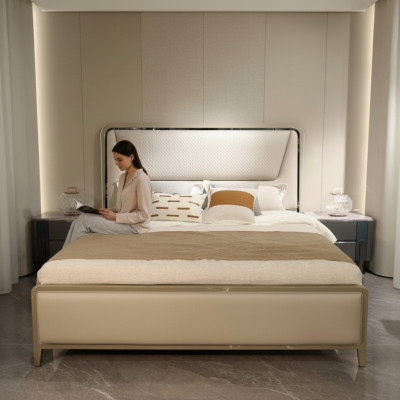 Camera da letto Letto Letti Design Letto matrimoniale Letto in legno naturale Struttura letto Beige