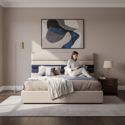 Moderno letto matrimoniale di design con cornice in legno Letto elegante Nuovo in Beige