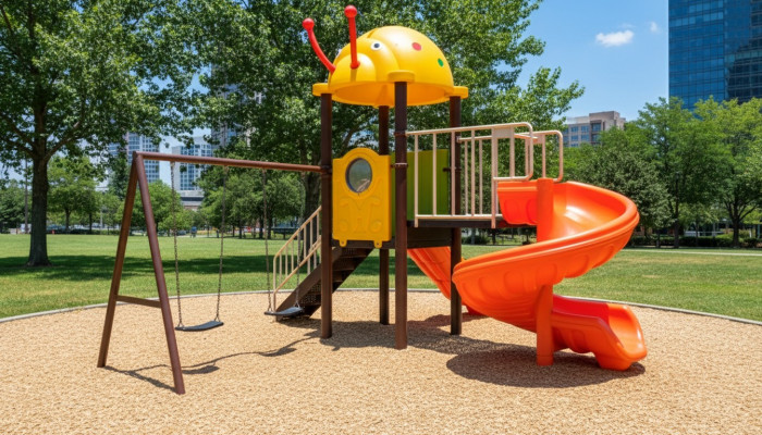 Parco giochi con scivoli e altalene. Divertimento per i bambini.