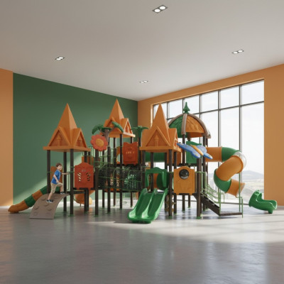 Torre giochi con scivolo, torre arrampicata, struttura gioco, attrezzatura per parco giochi all'aperto.