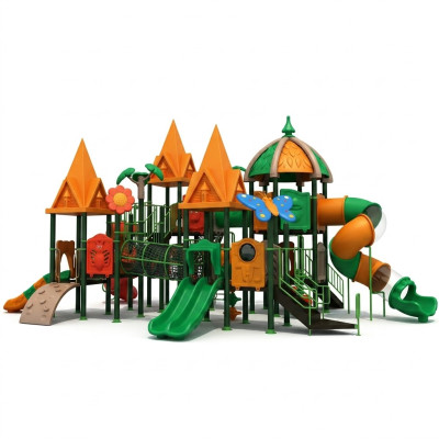 Torre giochi con scivolo, torre arrampicata, struttura gioco, attrezzatura per parco giochi all'aperto.