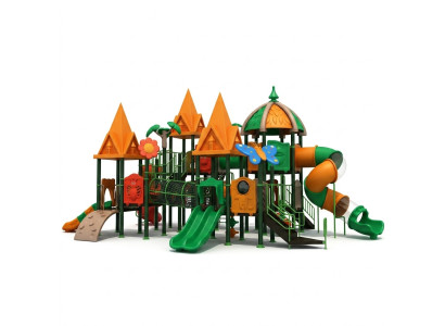 Torre giochi con scivolo, torre arrampicata, struttura gioco, attrezzatura per parco giochi all'aperto.