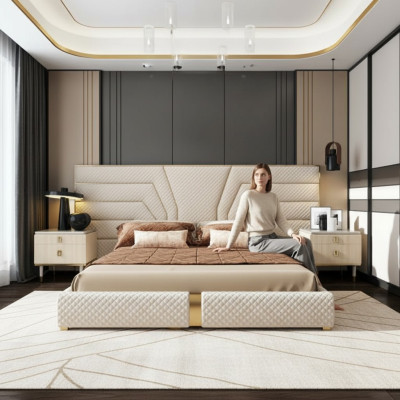 Camera da letto Moderno Legno Tessile Letti Letto Letto Imbottito di lusso Matrimoniale