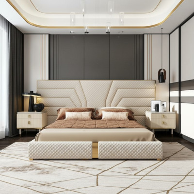 Camera da letto Moderno Legno Tessile Letti Letto Letto Imbottito di lusso Matrimoniale