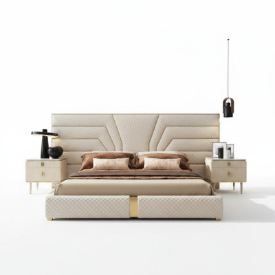 Camera da letto Moderno Legno Tessile Letti Letto Letto Imbottito di lusso Matrimoniale