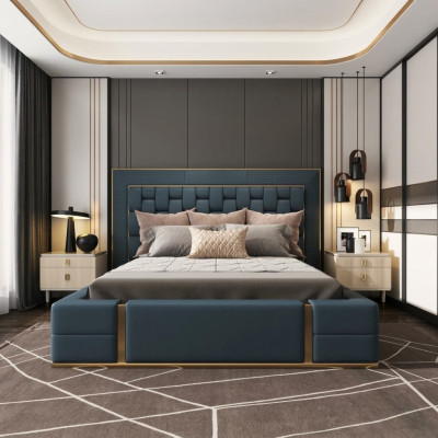 Moderni letti di lusso camera da letto design letto di lusso blu matrimoniale.