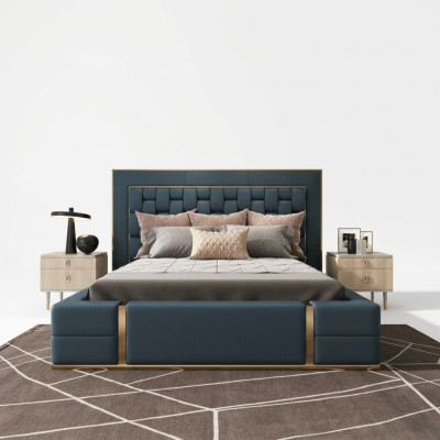 Moderni letti di lusso camera da letto design letto di lusso blu matrimoniale.