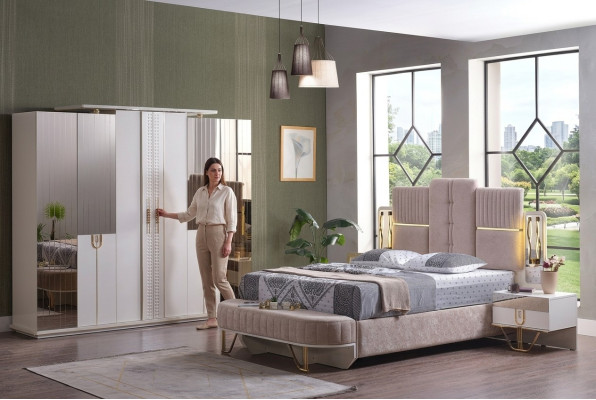 Set da camera da letto di lusso 5 pezzi. Letto 2 comodini Armadio Panchina Moderno