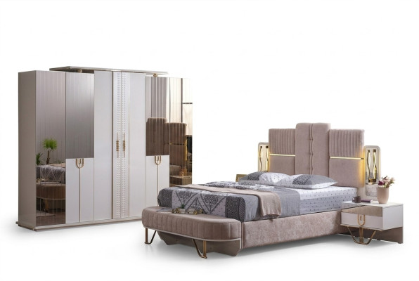 Set da camera da letto di lusso 5 pezzi. Letto 2 comodini Armadio Panchina Moderno