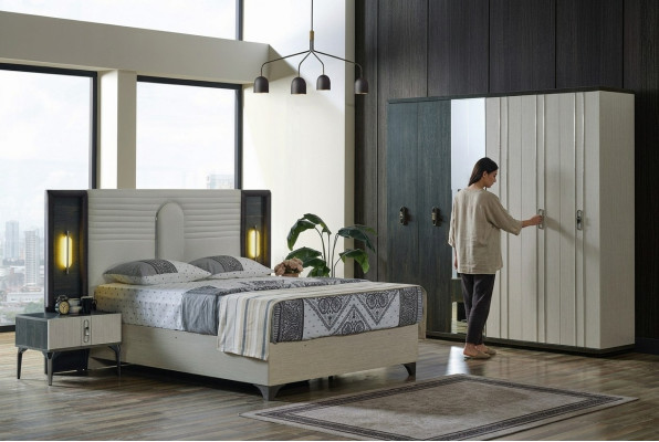 Set camera da letto di lusso 4 pezzi letto 2 comodini armadio beige