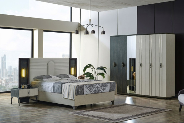 Set camera da letto di lusso 4 pezzi letto 2 comodini armadio beige