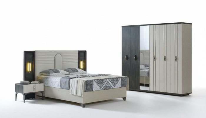 Set camera da letto di lusso 4 pezzi letto 2 comodini armadio beige