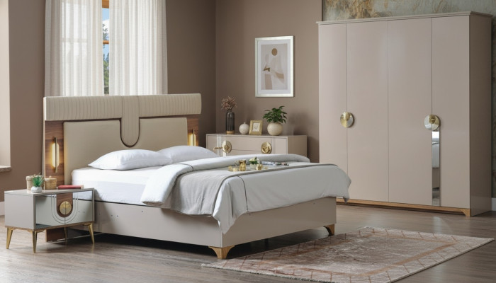 Set camera da letto di lusso Letto + 2 comodini Completo in legno Nuovo moderno