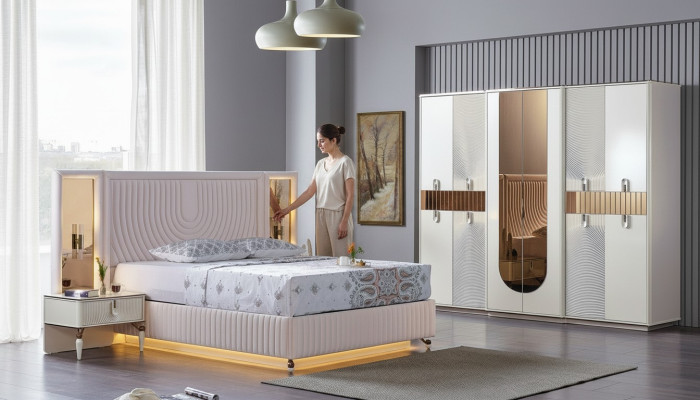 Set da camera da letto di lusso con letto, 2 comodini e armadio in legno completo, moderno e nuovo.